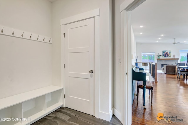 5466 Sandhill Loop, Anchorage, AK 99502 - mudroom with dark wood-style flooring, recessed lighting, a ceiling fan, and baseboards