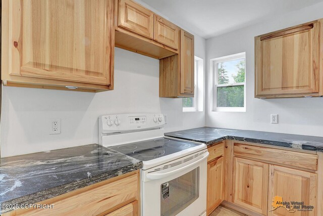 8825 W Mcquire Ln, Wasilla, AK 99623 - kitchen with electric range and light brown cabinetry