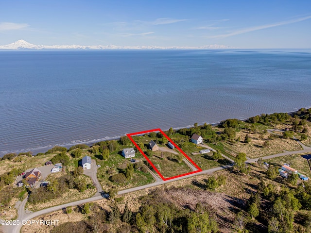 11091 Crestline Ln, Clam Gulch, AK 99568 - aerial view of property and surrounding area featuring property boundaries highlighted and a large body of water