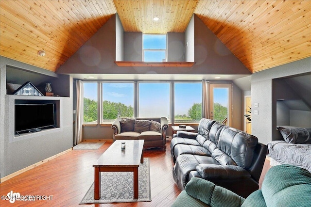 11091 Crestline Ln, Clam Gulch, AK 99568 - living room with wood ceiling, high vaulted ceiling, baseboards, and wood finished floors