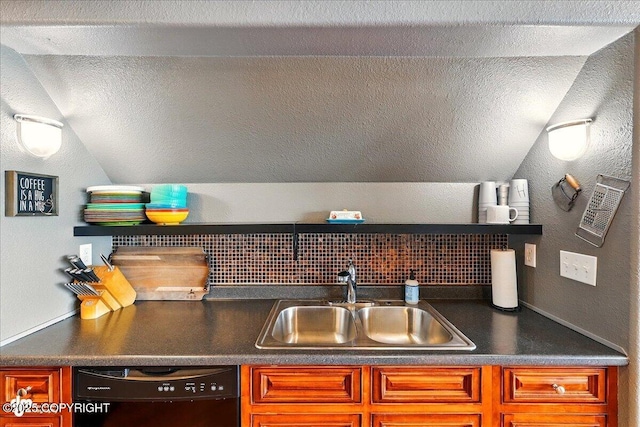 11091 Crestline Ln, Clam Gulch, AK 99568 - kitchen with black dishwasher, lofted ceiling, a sink, dark countertops, and a textured ceiling