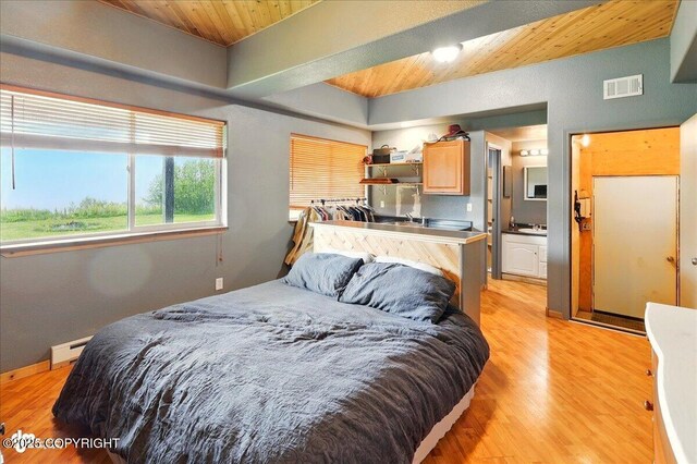 11091 Crestline Ln, Clam Gulch, AK 99568 - bedroom with wooden ceiling, baseboard heating, light wood-style flooring, lofted ceiling, and baseboards