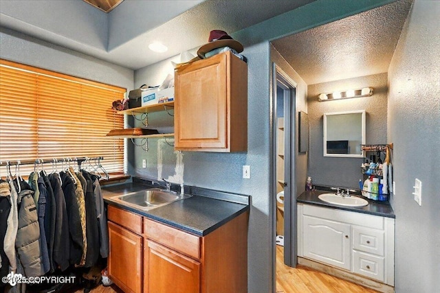 11091 Crestline Ln, Clam Gulch, AK 99568 - kitchen with a sink, dark countertops, a textured wall, light wood-style flooring, and a textured ceiling