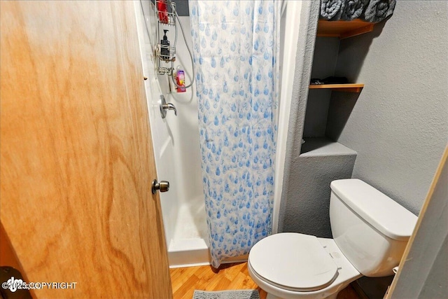 11091 Crestline Ln, Clam Gulch, AK 99568 - bathroom featuring a stall shower, wood finished floors, and toilet