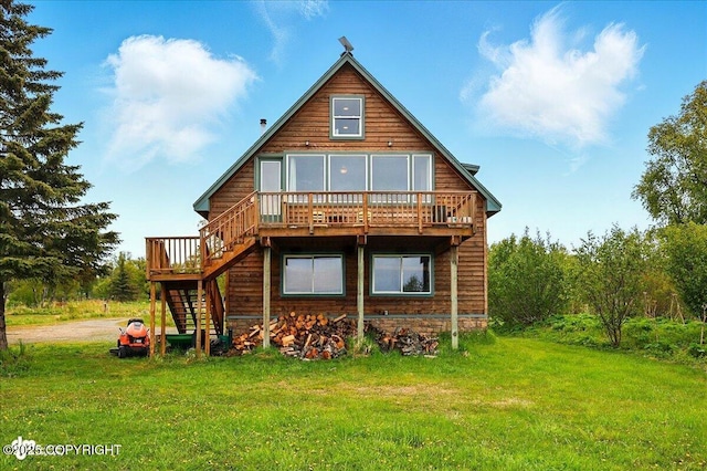 11091 Crestline Ln, Clam Gulch, AK 99568 - back of house featuring stairway, a wooden deck, and a yard