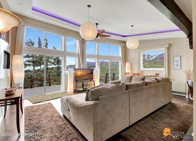 17132 Carl St, Anchorage, AK 99516 - living area featuring a tray ceiling, a ceiling fan, and wood finished floors