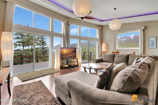 17132 Carl St, Anchorage, AK 99516 - living area with a ceiling fan, wood finished floors, and a raised ceiling