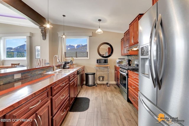 17132 Carl St, Anchorage, AK 99516 - kitchen featuring stainless steel appliances, a sink, plenty of natural light, pendant lighting, and ornamental molding
