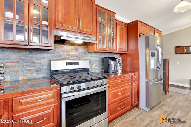 17132 Carl St, Anchorage, AK 99516 - kitchen featuring stainless steel appliances, under cabinet range hood, ornamental molding, backsplash, and baseboards