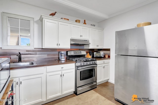 17132 Carl St, Anchorage, AK 99516 - kitchen featuring appliances with stainless steel finishes, under cabinet range hood, a sink, ornamental molding, and white cabinets
