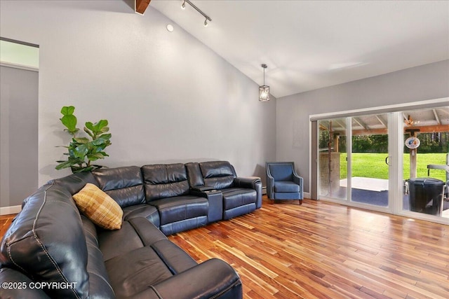 9701 Homestead Trl, Anchorage, AK 99507 - living room featuring light wood-style floors, rail lighting, and high vaulted ceiling
