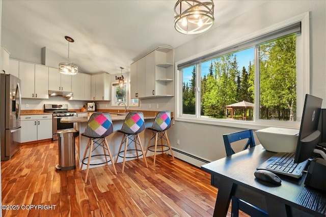 9701 Homestead Trl, Anchorage, AK 99507 - kitchen with appliances with stainless steel finishes, under cabinet range hood, a baseboard radiator, and light wood-type flooring