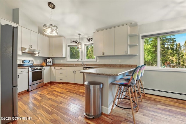 9701 Homestead Trl, Anchorage, AK 99507 - kitchen with stainless steel appliances, under cabinet range hood, a peninsula, and light wood-style flooring