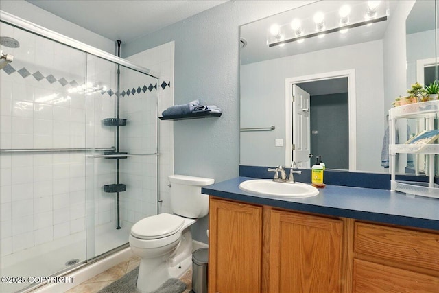 9701 Homestead Trl, Anchorage, AK 99507 - bathroom with toilet, a stall shower, vanity, a textured wall, and tile patterned flooring