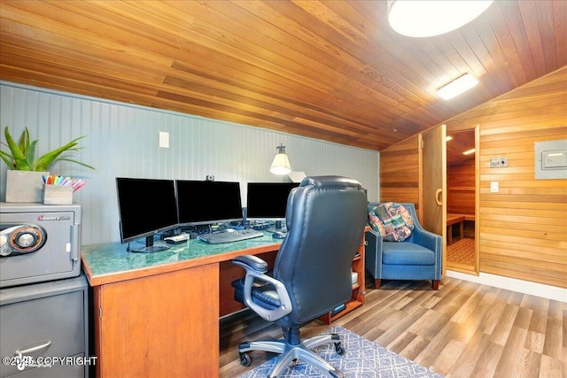 9701 Homestead Trl, Anchorage, AK 99507 - home office with lofted ceiling, wood finished floors, wood walls, and wooden ceiling