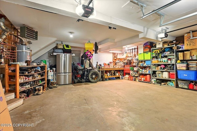 9701 Homestead Trl, Anchorage, AK 99507 - garage with a garage door opener, secured water heater, and a heating unit