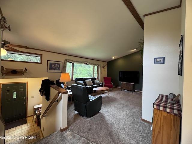 34008 Orlander Ave, Seward, AK 99664 - living room with carpet flooring, lofted ceiling, ceiling fan, and baseboards