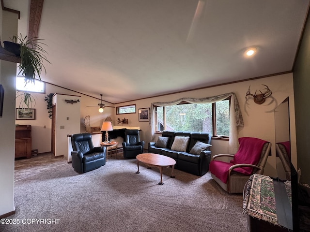 34008 Orlander Ave, Seward, AK 99664 - living area featuring carpet, vaulted ceiling, and ceiling fan
