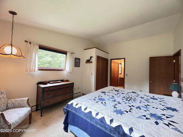 34008 Orlander Ave, Seward, AK 99664 - bedroom with light colored carpet, a baseboard heating unit, and vaulted ceiling