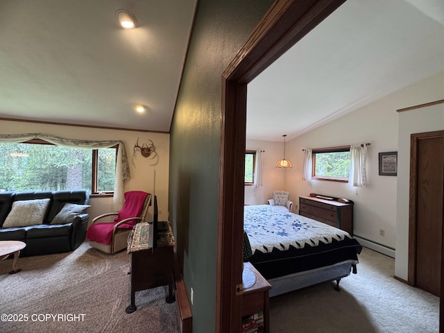 34008 Orlander Ave, Seward, AK 99664 - bedroom with vaulted ceiling, light colored carpet, and a baseboard radiator