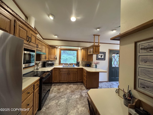 34008 Orlander Ave, Seward, AK 99664 - kitchen with appliances with stainless steel finishes, crown molding, brown cabinetry, light countertops, and a sink