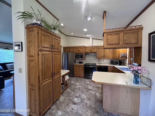 34008 Orlander Ave, Seward, AK 99664 - kitchen with stainless steel microwave, freestanding refrigerator, electric range, light countertops, and crown molding