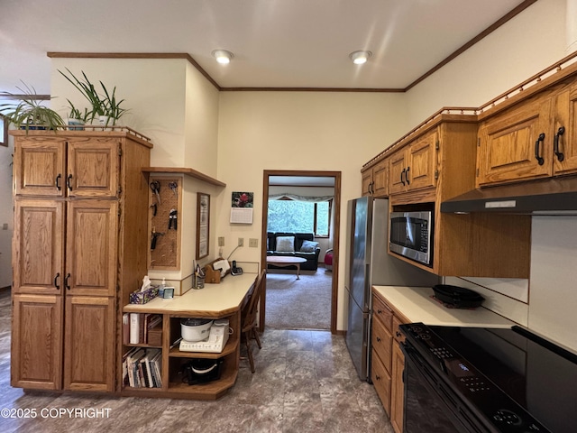 34008 Orlander Ave, Seward, AK 99664 - kitchen with under cabinet range hood, appliances with stainless steel finishes, ornamental molding, brown cabinets, and light countertops