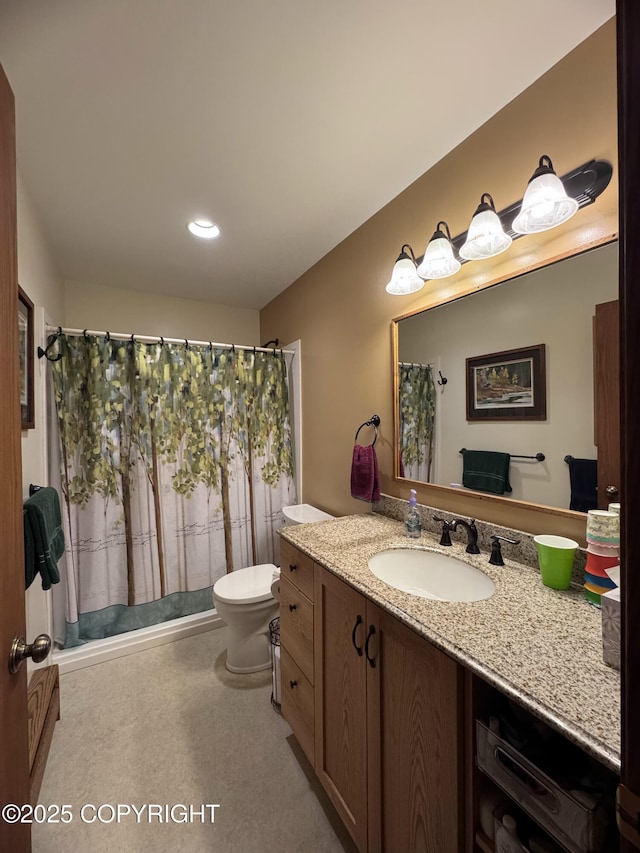 34008 Orlander Ave, Seward, AK 99664 - full bathroom featuring toilet, vanity, recessed lighting, and a shower with shower curtain