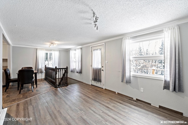 19237 Beverly Ave, Chugiak, AK 99567 - entryway with a textured ceiling, wood finished floors, and rail lighting
