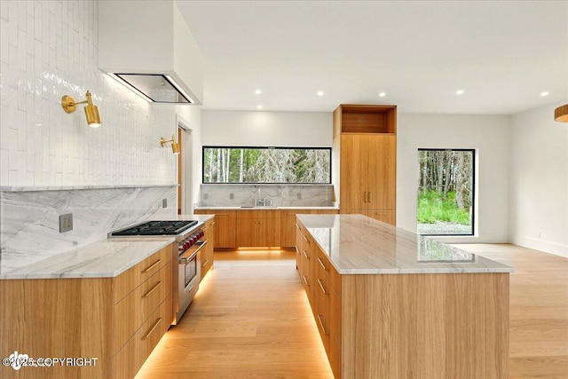 1308 Cunningham Ct, Kenai, AK 99611 - kitchen with high end stove, modern cabinets, custom exhaust hood, tasteful backsplash, and light wood-type flooring