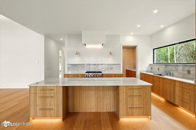 1308 Cunningham Ct, Kenai, AK 99611 - kitchen featuring modern cabinets, range, a sink, decorative backsplash, and light wood-style flooring