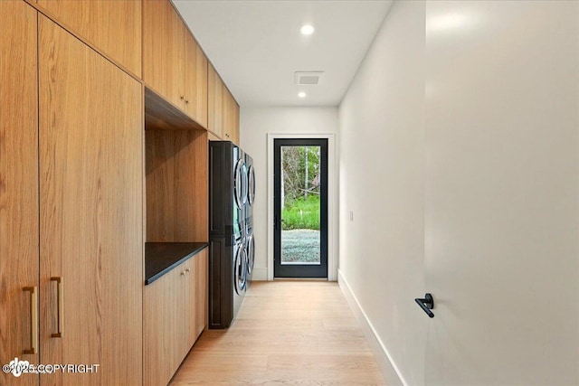 1308 Cunningham Ct, Kenai, AK 99611 - kitchen featuring light wood-style floors, baseboards, freestanding refrigerator, recessed lighting, and modern cabinets