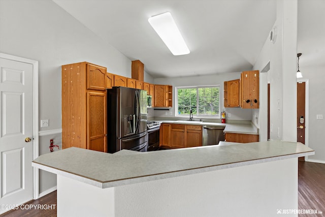 4470 E Birchwood Dr, Wasilla, AK 99654 - kitchen with stainless steel appliances, lofted ceiling, a sink, dark wood finished floors, and light countertops