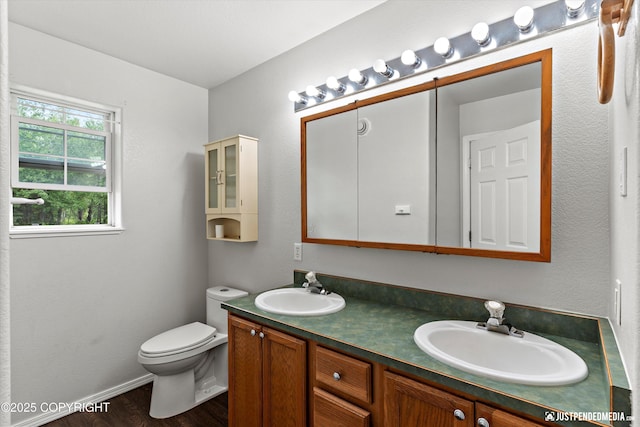 4470 E Birchwood Dr, Wasilla, AK 99654 - bathroom featuring double vanity, toilet, wood finished floors, and baseboards