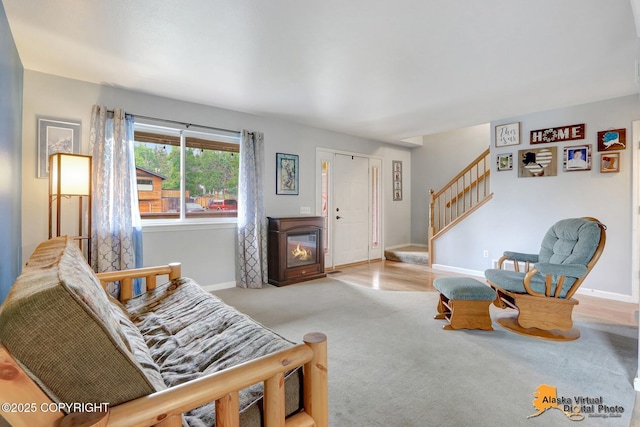 18924 Third St, Eagle River, AK 99577 - carpeted living area with stairway and baseboards