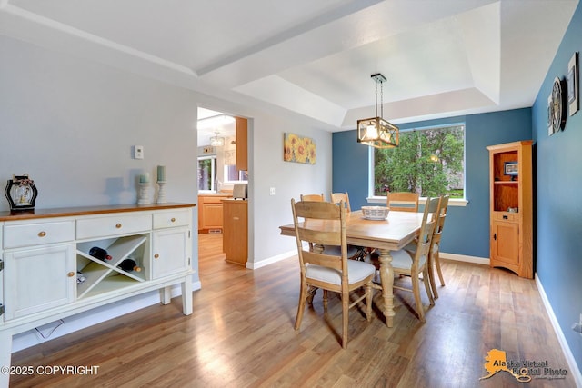 18924 Third St, Eagle River, AK 99577 - dining area featuring a tray ceiling and light wood-style floors