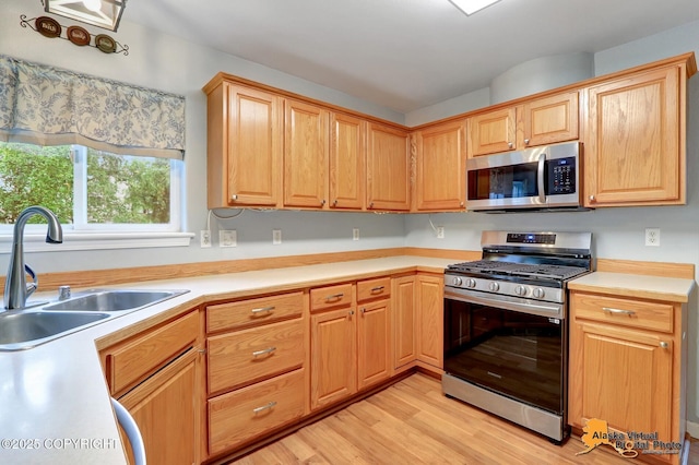 18924 Third St, Eagle River, AK 99577 - kitchen featuring appliances with stainless steel finishes, light wood-style floors, light countertops, and light brown cabinets