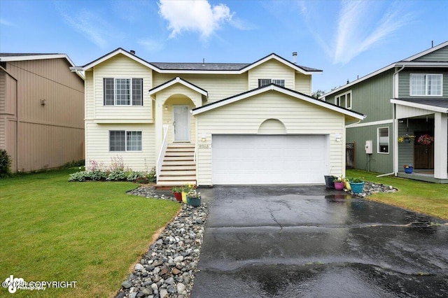 8968 Little Brook St, Anchorage, AK 99507 - raised ranch featuring driveway, a front lawn, and an attached garage