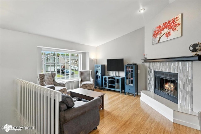 8968 Little Brook St, Anchorage, AK 99507 - living room featuring lofted ceiling, wood finished floors, and a glass covered fireplace