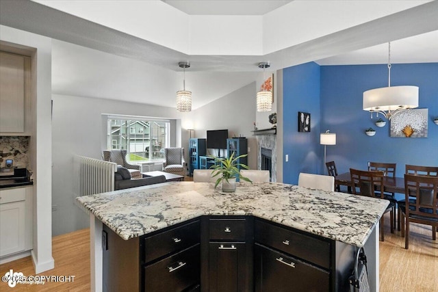 8968 Little Brook St, Anchorage, AK 99507 - kitchen featuring light wood finished floors, light stone counters, decorative light fixtures, open floor plan, and a fireplace