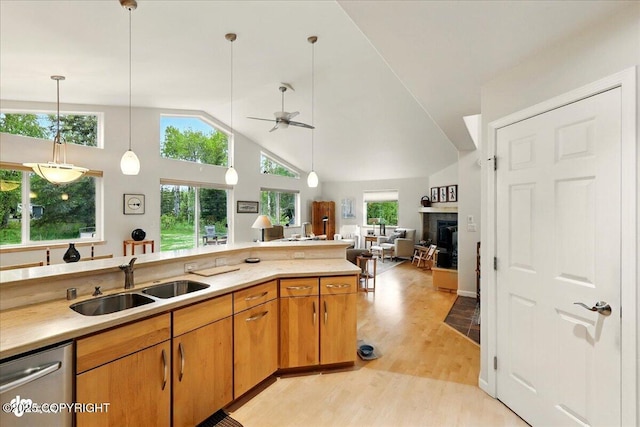 48585 Runners Ave, Soldotna, AK 99669 - kitchen featuring a sink, stainless steel dishwasher, open floor plan, light wood-style floors, and ceiling fan