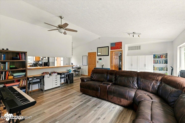 1213 Channel Way, Kenai, AK 99611 - living area with lofted ceiling, light wood-style floors, ceiling fan, and a textured ceiling