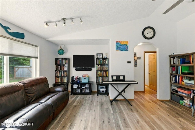 1213 Channel Way, Kenai, AK 99611 - living area featuring vaulted ceiling, arched walkways, light wood-style flooring, a ceiling fan, and a textured ceiling