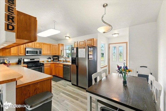 1213 Channel Way, Kenai, AK 99611 - kitchen with stainless steel appliances, light wood-type flooring, a peninsula, light countertops, and lofted ceiling