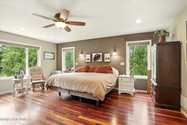 5420 E 112th Ave, Anchorage, AK 99516 - bedroom featuring dark wood-style floors, baseboards, a ceiling fan, and recessed lighting