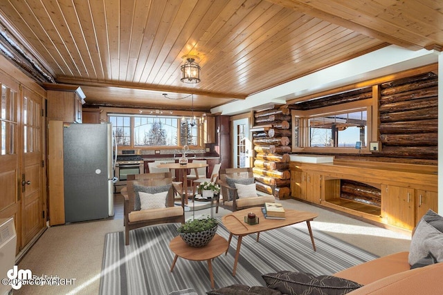 40327 S Malaspina Loop, Talkeetna, AK 99676 - living room featuring rustic walls, wooden ceiling, and light colored carpet