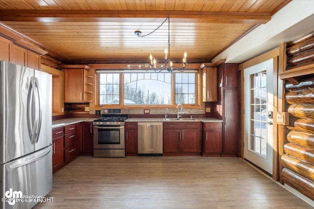 40327 S Malaspina Loop, Talkeetna, AK 99676 - kitchen featuring stainless steel appliances, wood ceiling, a sink, healthy amount of natural light, and a chandelier