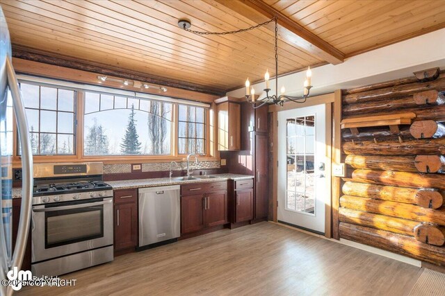 40327 S Malaspina Loop, Talkeetna, AK 99676 - kitchen with appliances with stainless steel finishes, a sink, wood ceiling, a chandelier, and log walls