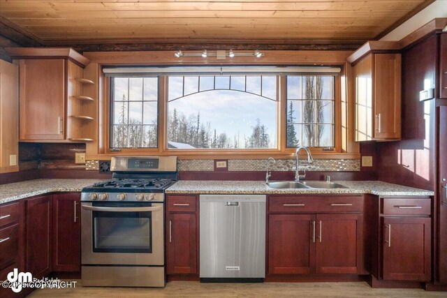 40327 S Malaspina Loop, Talkeetna, AK 99676 - kitchen featuring stainless steel appliances, a sink, wood ceiling, healthy amount of natural light, and light wood-type flooring