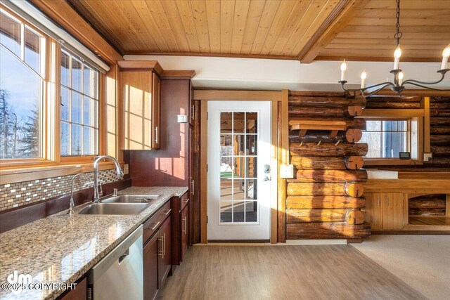 40327 S Malaspina Loop, Talkeetna, AK 99676 - kitchen with a sink, wooden ceiling, dishwasher, log walls, and hanging light fixtures